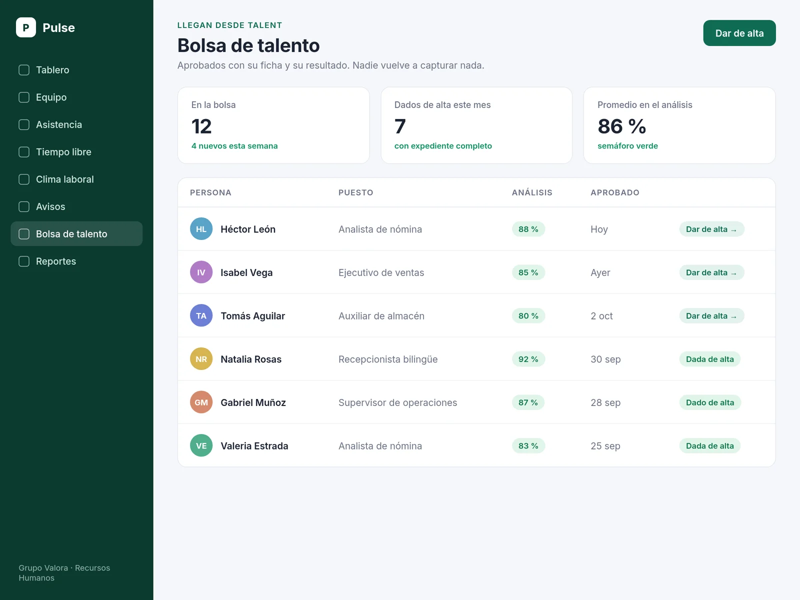 Bolsa de talento de Pulse con los aprobados que llegan desde Talent y su resultado